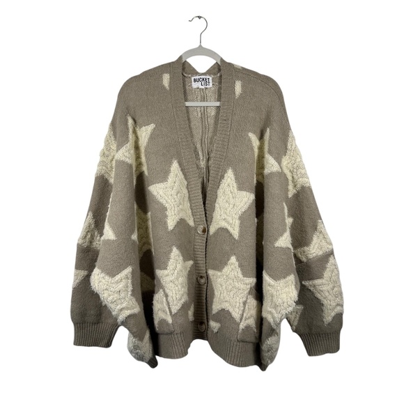 BUCKETLIST | WStars Cardigan | L Large | Beige / Taupe | Oversized | Pocketed - Picture 1 of 15